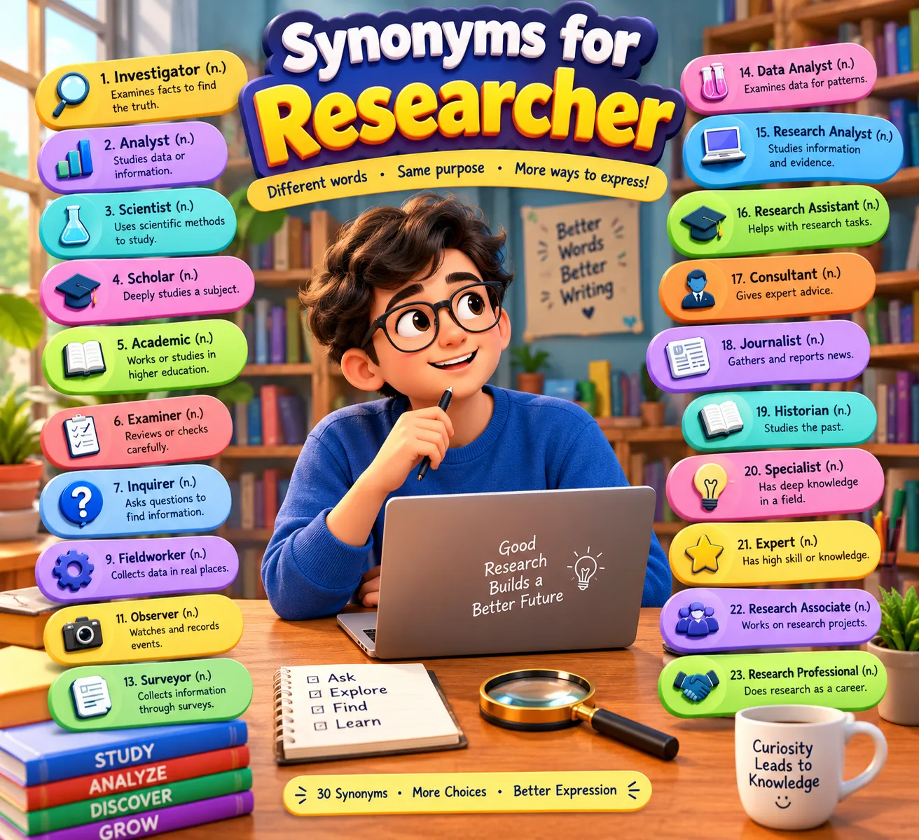 Synonyms for researcher